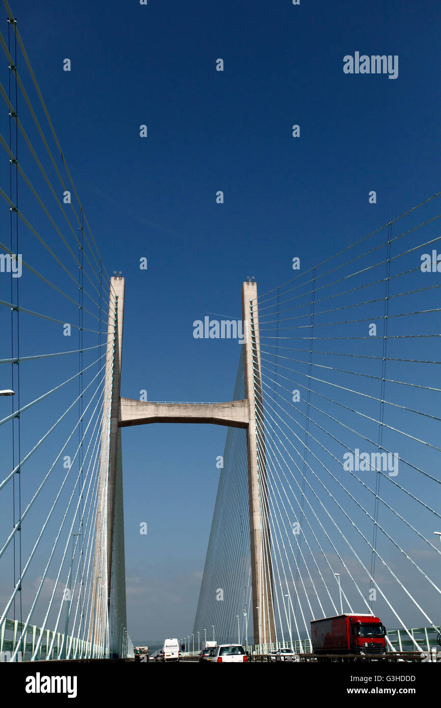 Upright supports and wire cables of the second Severn Crossing, the road that links England and Wales on the M4 motorway. Stock Photo
