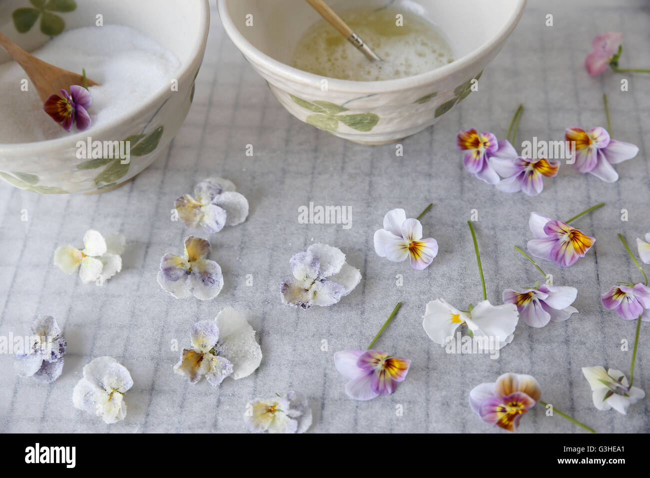 Crystallized Candied Edible Flowers with egg whites and sugar Stock