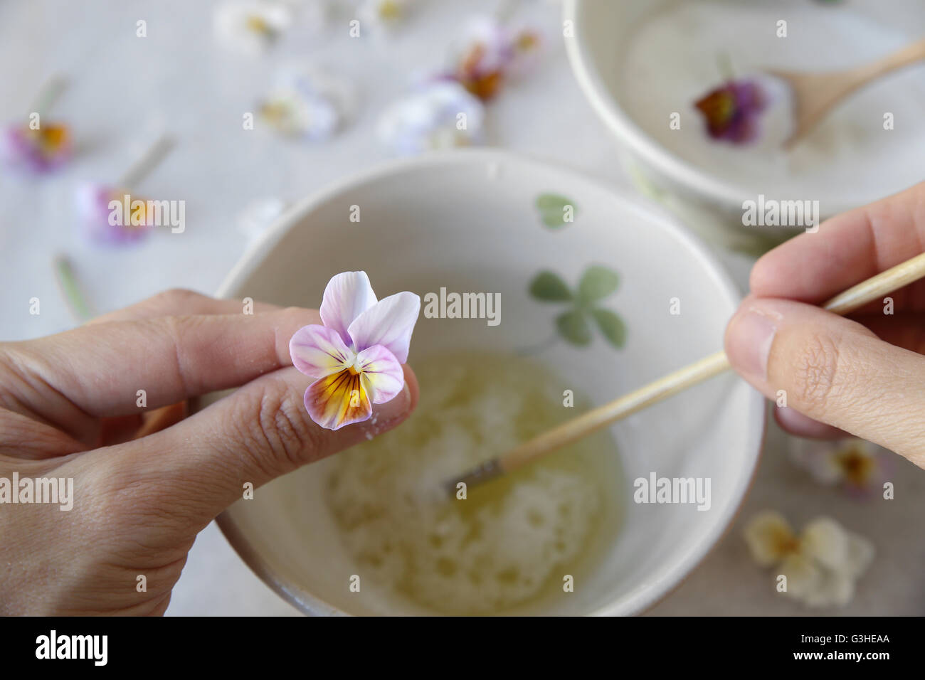 Crystallized Candied Edible Flowers with egg whites and sugar Stock