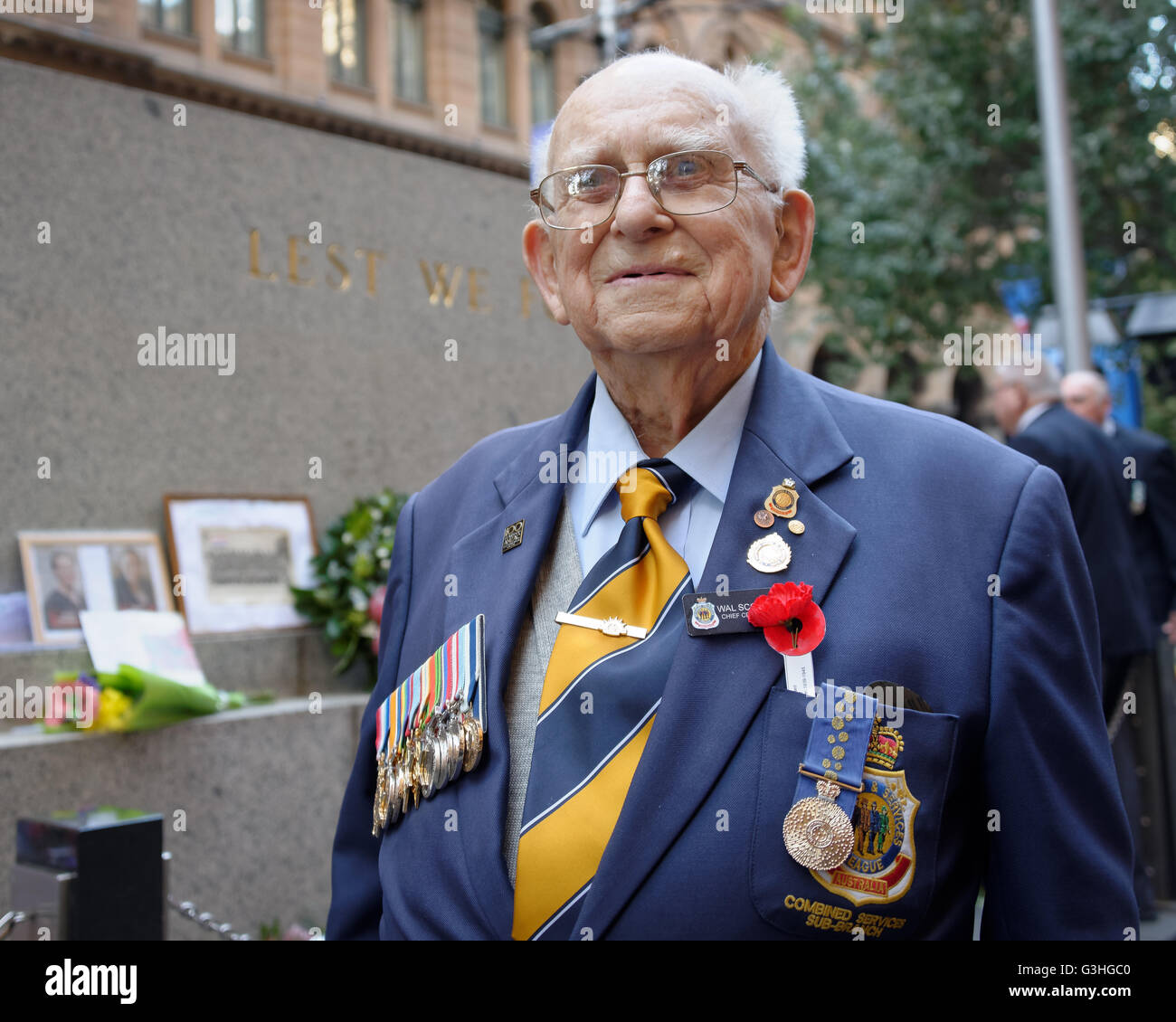 Sydney, Australia. 25th Apr, 2016. For 70 years, Walter ''Wally'' Scott-Smith has been the chief custodian of the Martin Place Cenotaph - and he has never missed a dawn service. In fact, Mr Scott-Smith has stood guard over the sacred spot for a total of over 4000 services, with 65 services being held at the site each year. © Hugh Peterswald/Pacific Press/Alamy Live News Stock Photo