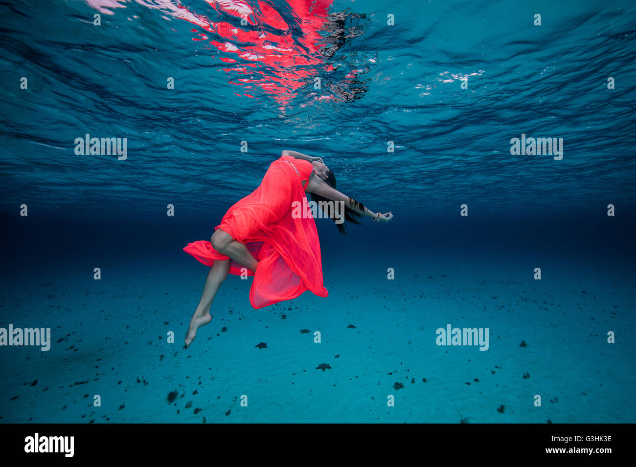 Woman underwater in red dress Stock Photo: 105494354 - Alamy