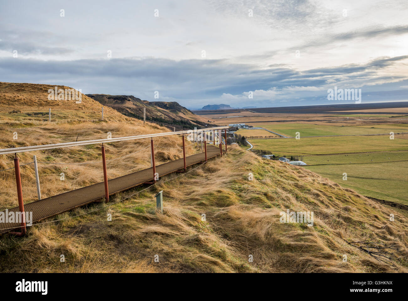 Elevated walkway on mountainside, Skogafoss, Iceland Stock Photo