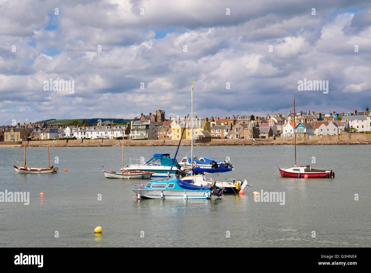 Boats moored in fishing village resort harbour on Firth of Forth coast. Elie and Earlsferry East Neuk Fife Scotland UK Britain Stock Photo