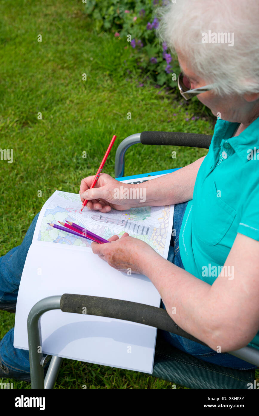Mature woman sitting in the garden with an adult colouring book. Stock Photo