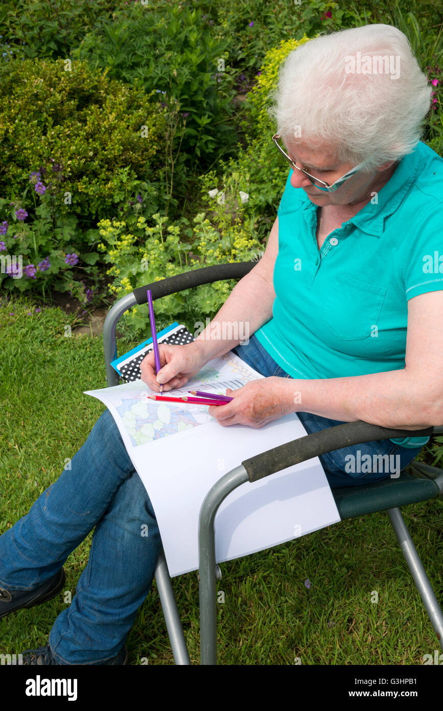 Mature woman sitting in the garden with an adult colouring book. Stock Photo