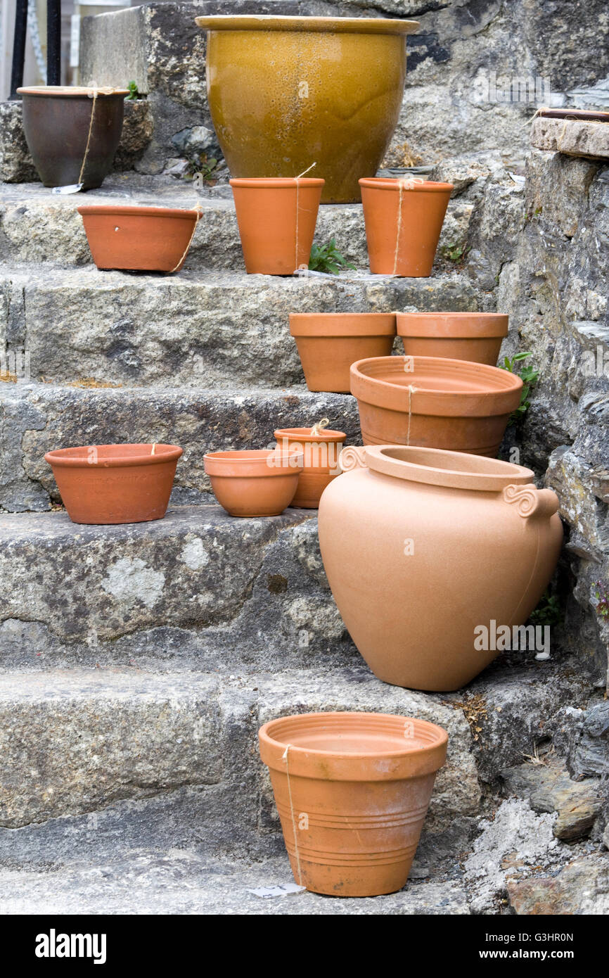 Terracotta Flower pots on stone steps Stock Photo Alamy