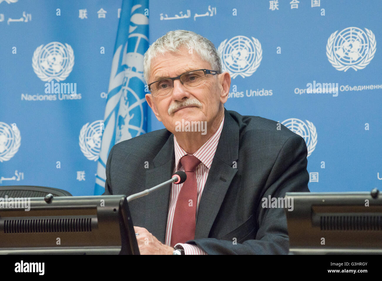 New York, United States. 18th Apr, 2016. General Assembly President Lykketoft speaks to the UN press corps. Mogens Lykketoft, President of the Seventieth session of the United Nations General Aassembly, held a press conference to outline upcoming events pertaining to the signing ceremony for the Global Climate Agreement and the thematic debate on implementation of the Sustainable Development Goals. © Albin Lohr-Jones/Pacific Press/Alamy Live News Stock Photo