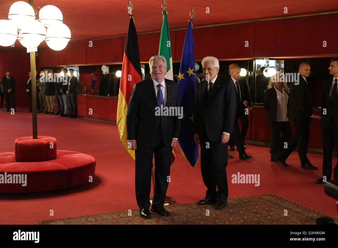 Sergio Mattarella, President of the Italian Republic, and Joachim Gauck, President of the Federal Republic of Germany meet at Turin’s Teatro Regio for the second 'Italian-German High Level Dialogue'.  The Dialogue aims at strengthening relations between Italy and Germany, which are based on shared historical and cultural traditions, complementary economic systems and a common belonging to the European Union. The initiative is also intended to favor a dialogue on topics of bilateral interest between particularly representative figures from both Countries, involving also private players, with th Stock Photo