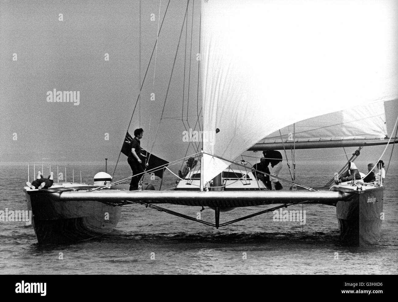 AJAX NEWS PHOTOS. 29TH APRIL,1974. SOLENT, ENGLAND - NEW CATAMARAN SEA TRIALS - ROBIN KNOX JOHNSTON'S NEW 70FT CATAMARAN BRITISH OXYGEN ON SEA TRAILS OFF THE ISLE OF WIGHT. PHOTO:JONATHAN EASTLAND/AJAX REF:742106 Stock Photo