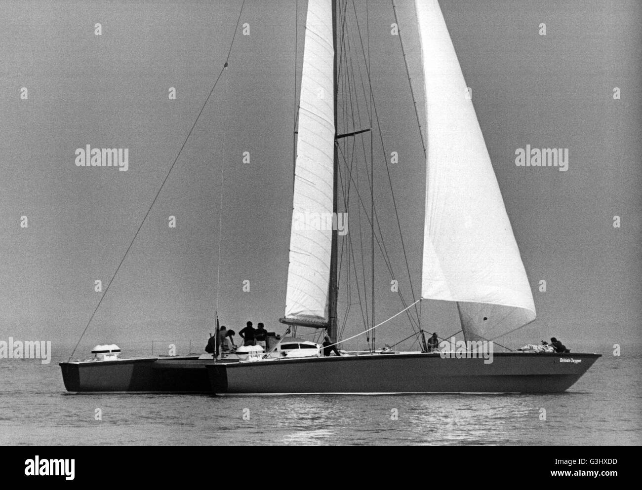 AJAX NEWS PHOTOS. 29TH APRIL,1974. SOLENT, ENGLAND - NEW CATAMARAN SEA TRIALS - ROBIN KNOX JOHNSTON'S NEW 70FT CATAMARAN BRITISH OXYGEN ON SEA TRAILS OFF THE ISLE OF WIGHT. PHOTO:JONATHAN EASTLAND/AJAX REF:742116A Stock Photo