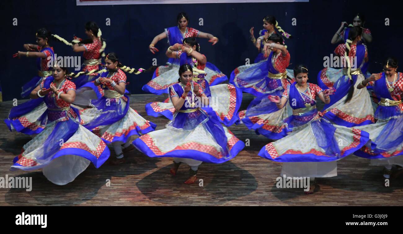 Girls participate in a closing ceremony of Kathak dance training camp
