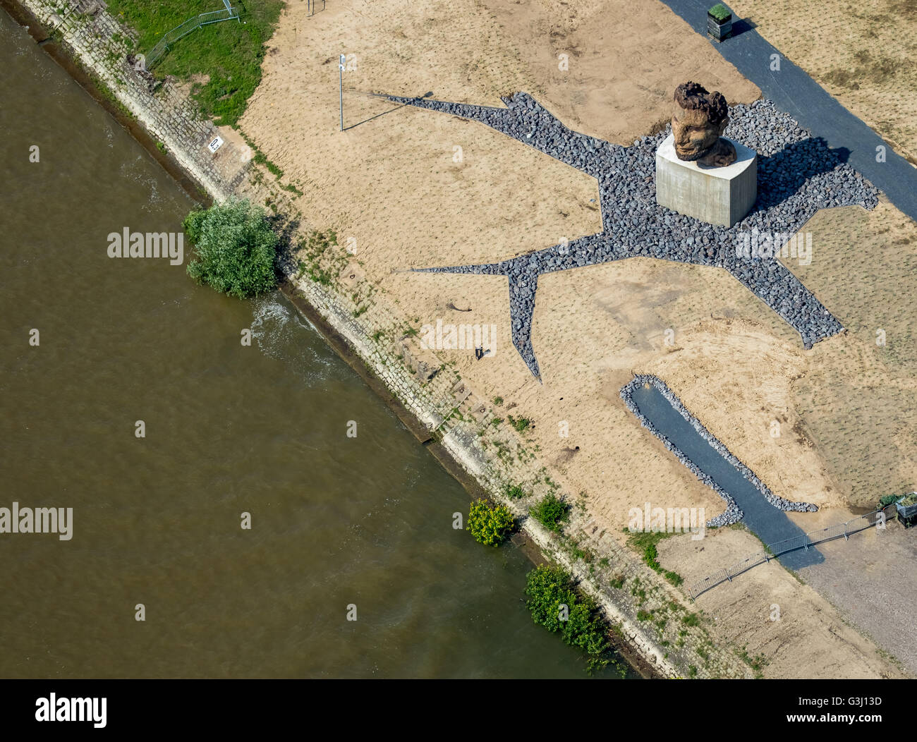 Aerial view, outdoor sculpture by Markus Lüpertz, sea god Poseidon at Ruhr estuary Duisburg, Duisburg, Ruhr region, Stock Photo