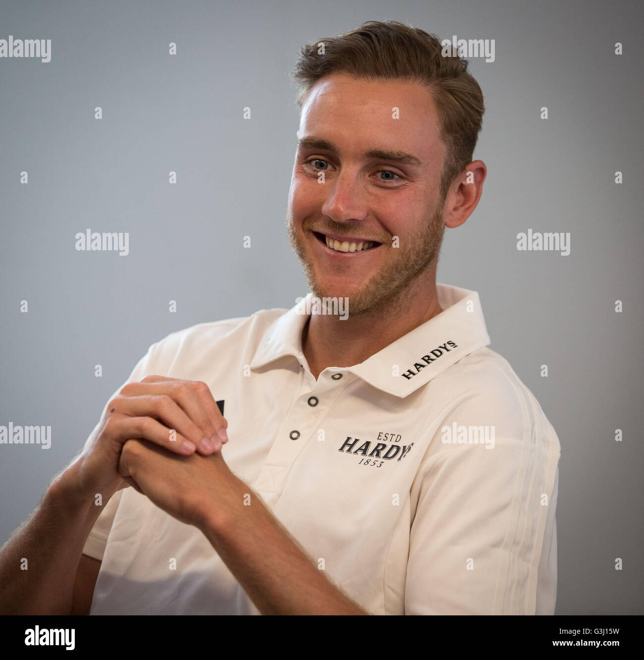 England Cricket player Stuart Broad attends a wine tasting event for Hardy's Wines in Weybridge, Great Britain June 6, 2016 Stock Photo