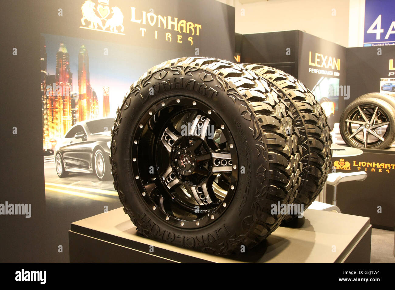 Tyres and rims from Lionhart Tyres during the Reifen Trade Fair. The Reifen  is the world's undisputed leading fair of the tire industry and has been a  meeting place for the industry's