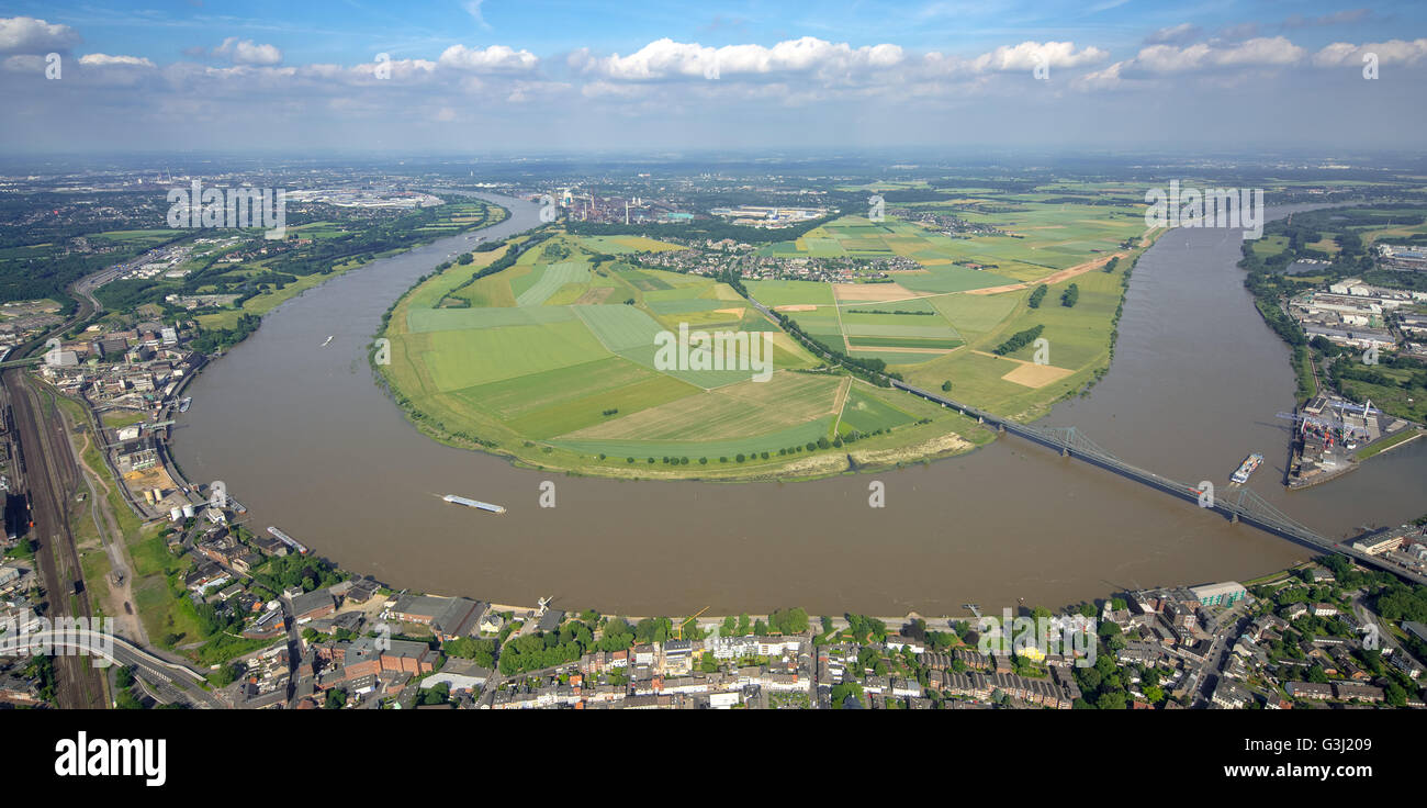 Aerial view, Rhine bridge between Krefeld-Uerdingen and Duisburg-Mündelheim, Rheinbogen, Rheindeich, flood protection, Stock Photo