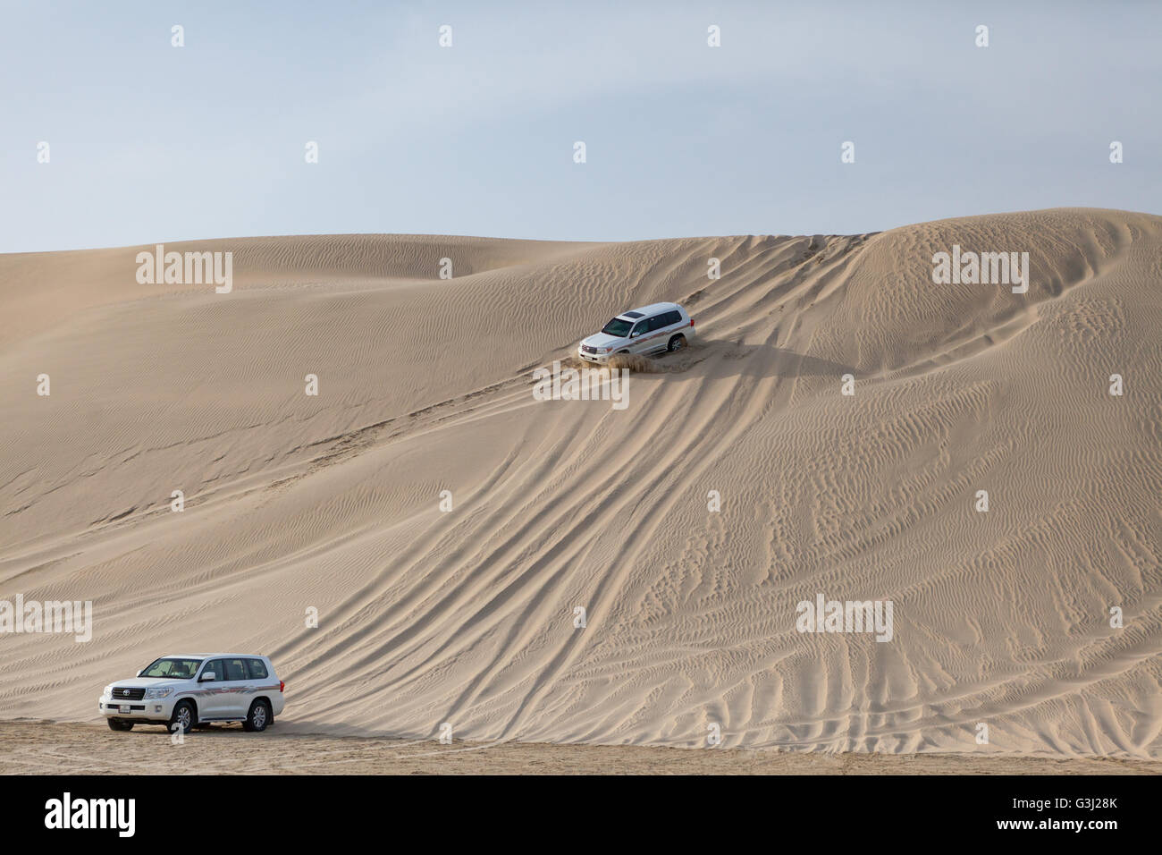 4 x 4's driving over sand dunes in the desert in Qatar. Arabian