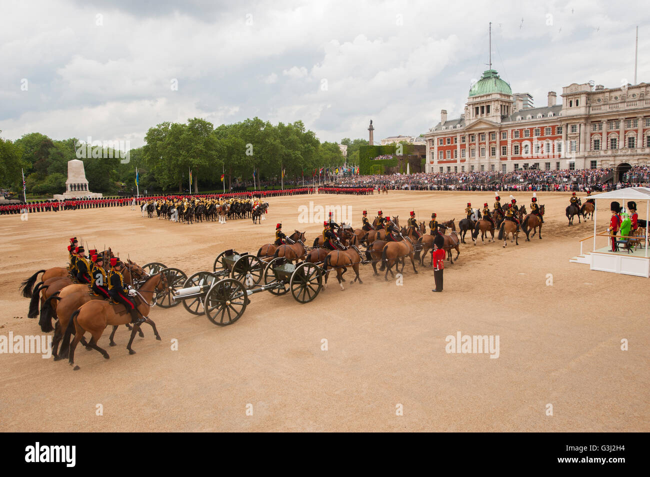 Horse Guards Parade, London, UK. 11th June 2016. 90th birthday parade of HM Queen Elizabeth II. The Ride Past by Royal Horse Artillery. Stock Photo