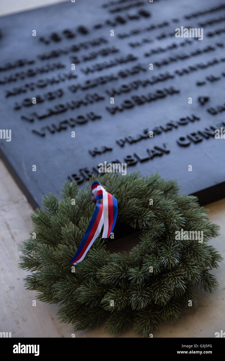 Wreath Inscription Prague, Czech Republic. 08th May, 2016. An evergreen wreath decorated ...