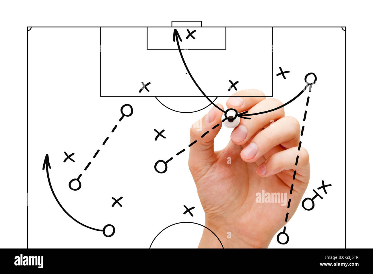 Coach sketching a football game strategy with marker on transparent wipe board. Stock Photo