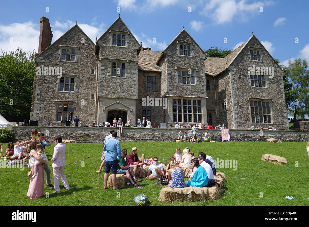 Garden party wedding reception at Wilderhope Manor 16th-century manor house  and YHA youth hostel Stock Photo - Alamy, image size:1300x956