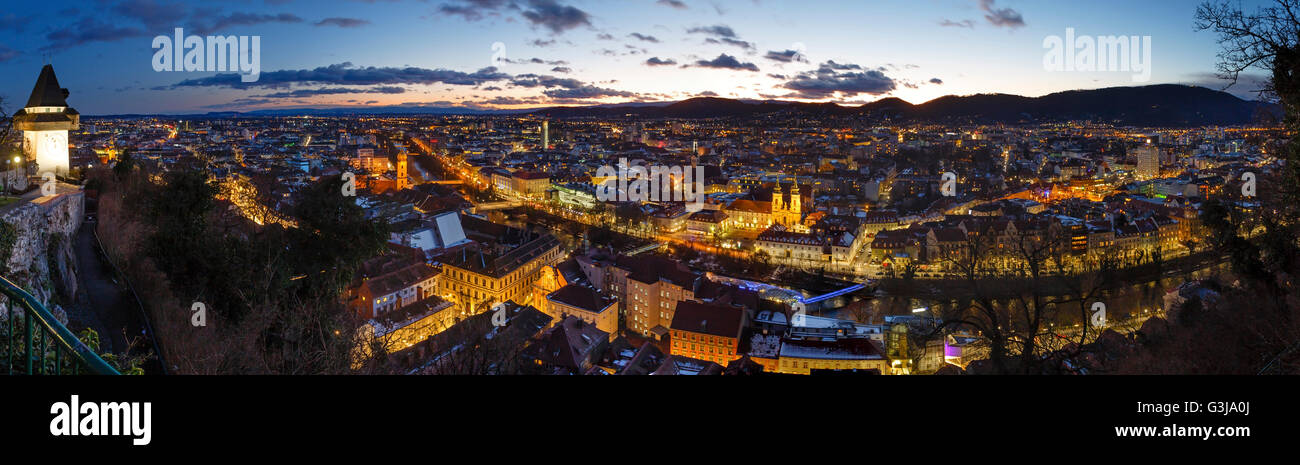 Graz city night top view with illuminated buildings (Austria). Panorama. Stock Photo