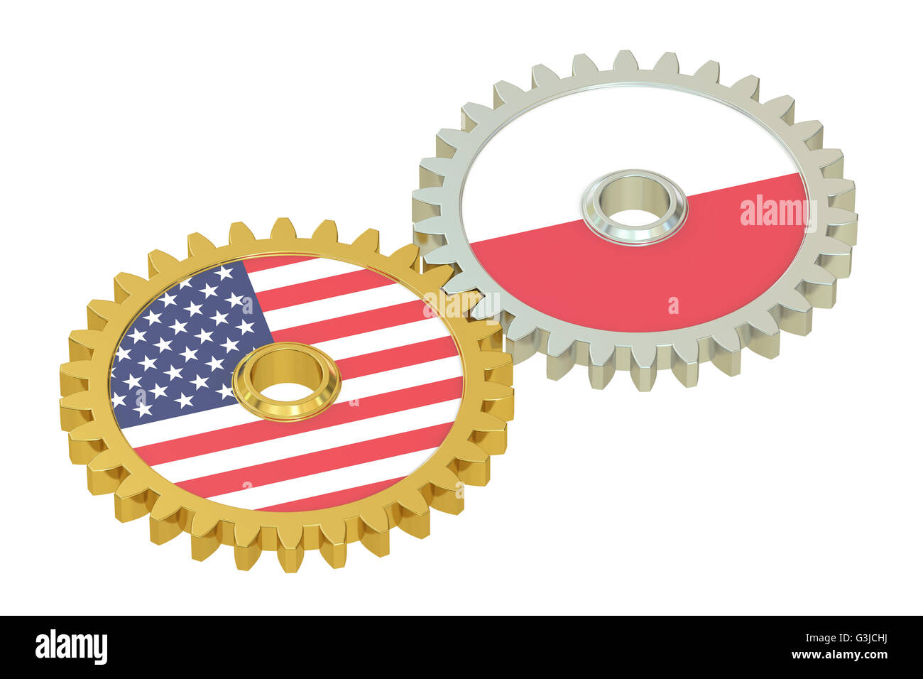 USA and Poland flags on a gears, 3D rendering isolated on white background Stock Photo