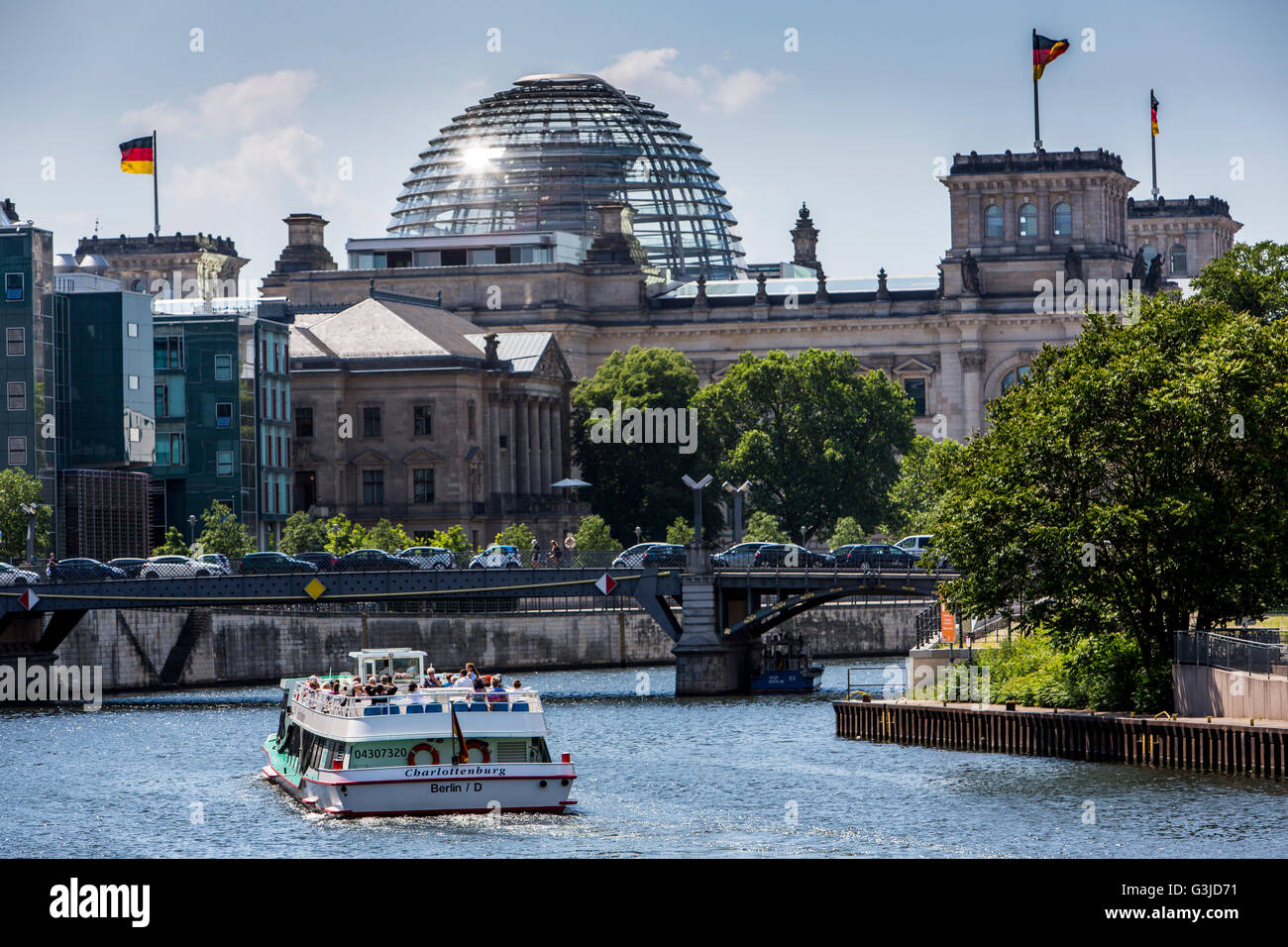 Sightseeing boat on the river Spree, Berlin, Germany, The Reichstag, German parliament building, Stock Photo