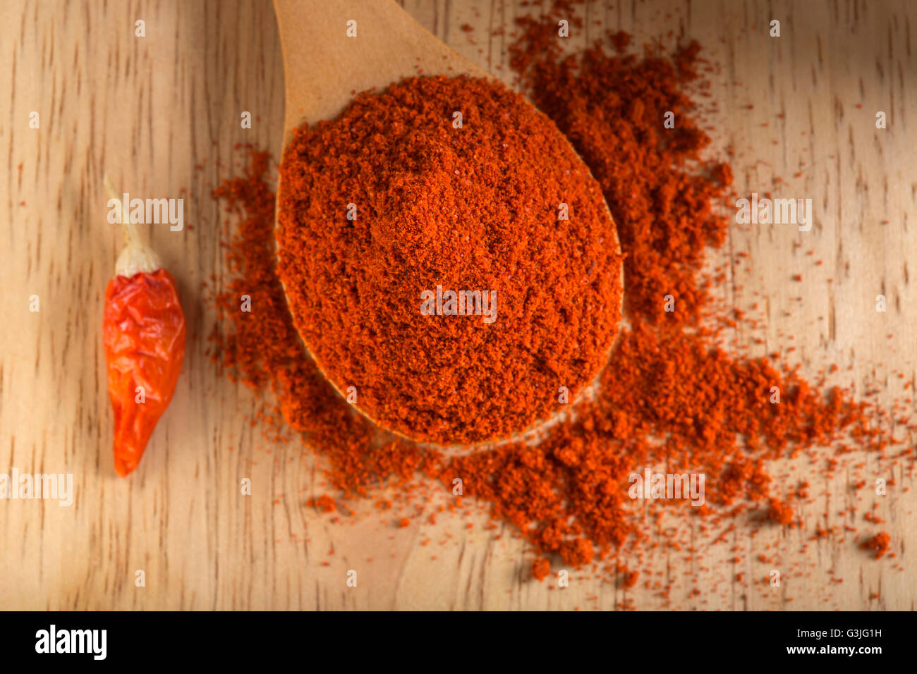 Spoon filled with red hot chili pepper and paprika powder over wooden background Stock Photo