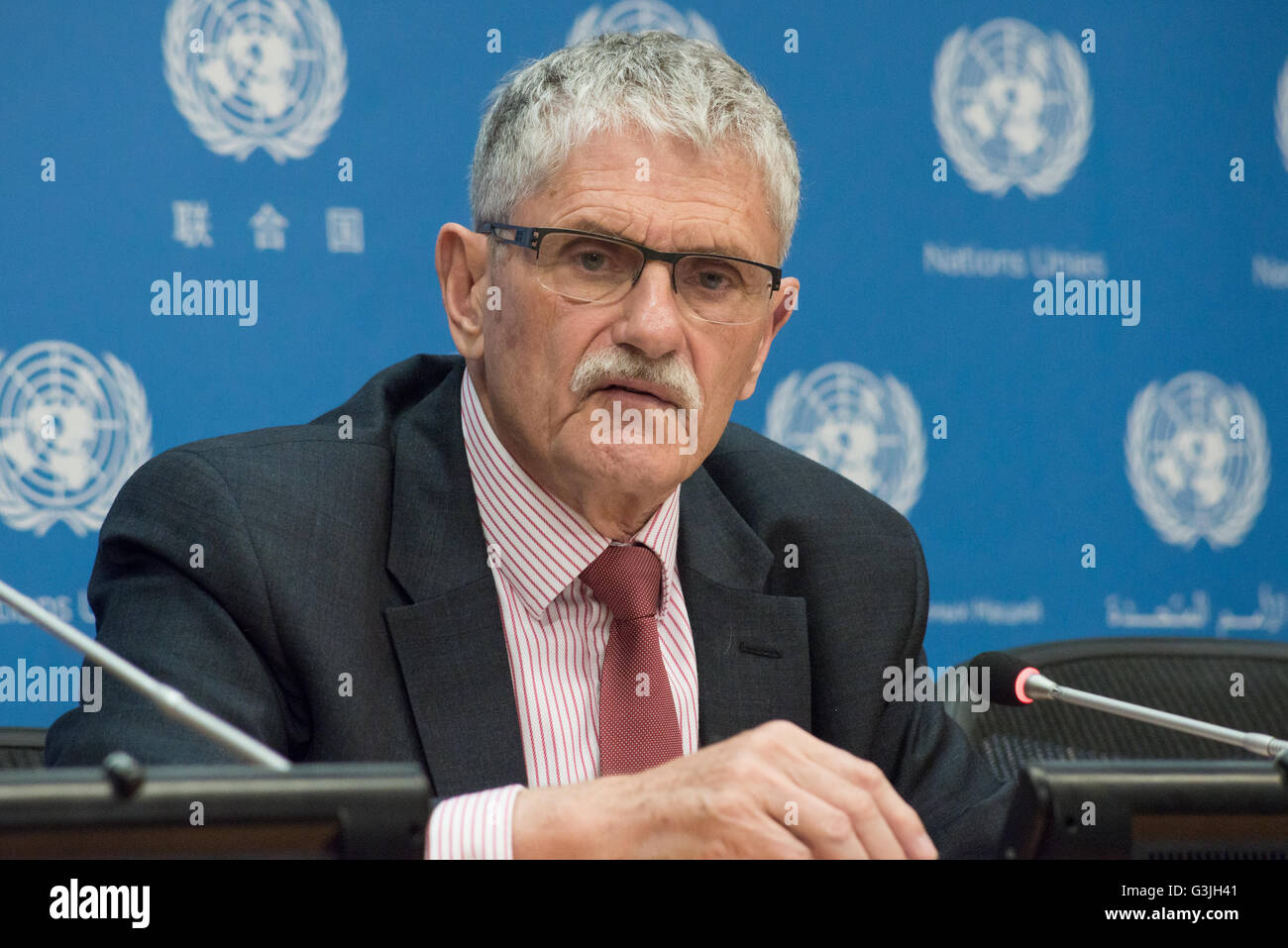 New York, United States. 18th Apr, 2016. General Assembly President Lykketoft speaks to the UN press corps. Mogens Lykketoft, President of the Seventieth session of the United Nations General Aassembly, held a press conference to outline upcoming events pertaining to the signing ceremony for the Global Climate Agreement and the thematic debate on implementation of the Sustainable Development Goals. © Albin Lohr-Jones/Pacific Press/Alamy Live News Stock Photo