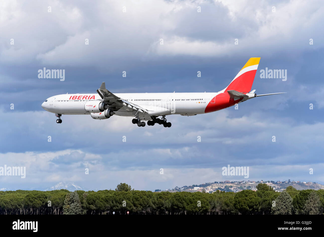 Airliner -Airbus A340-, of spanish airline -Iberia-, is landing in Madrid Barajas airport (Spain) Stock Photo