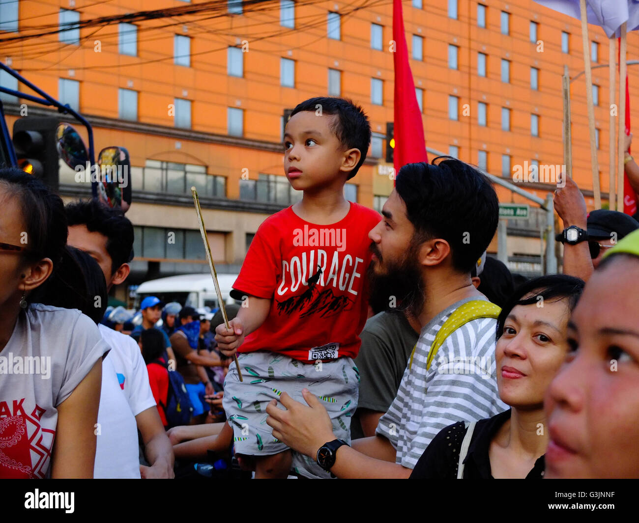 Manila, Philippines. 01st May, 2016. A young boy with a courage printed ...