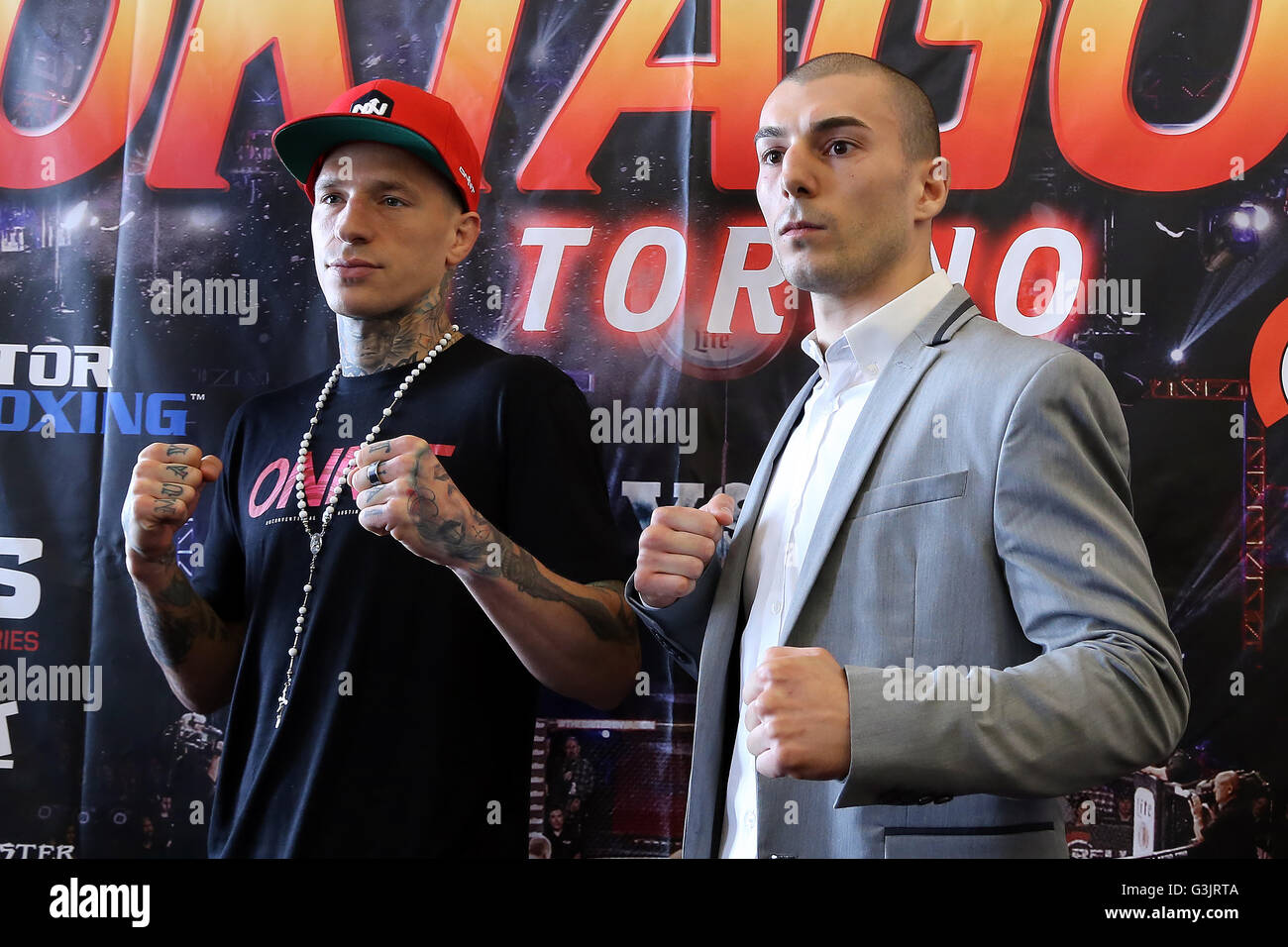 Turin, Italy. 14th Apr, 2016. Kevin Ross (USA) vs Matteo Taccini (ITA) joined the third and final press conference to present the 21st annual Oktagon, the most prestigious international combat sports gala in PalaAlpiTour of Turin, joined this year the American fighting in Bellator MMA cage, the most spectacular in the world. It's called 'Oktagon & Bellator' the Main Event that will make Turin the world capital of fighting, a global event for the Oktagon to be followed in over 140 countries worldwide. © Daniela Parra Saiani/Pacific Press/Alamy Live News Stock Photo