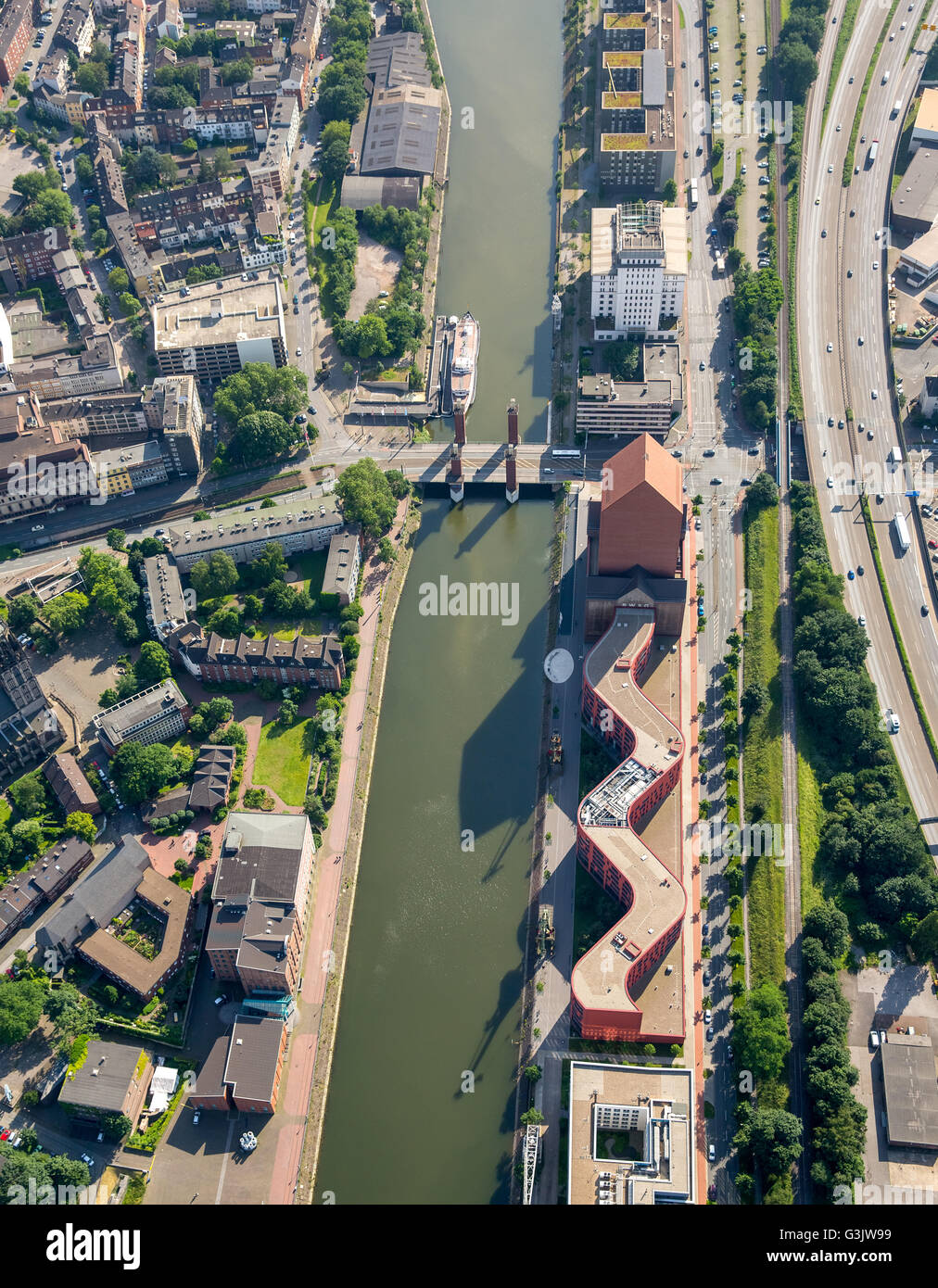 Aerial view, NRW State Archive Department Rheinland, Schwanentor and inner harbor channel, Duisburg, Ruhr region, Stock Photo