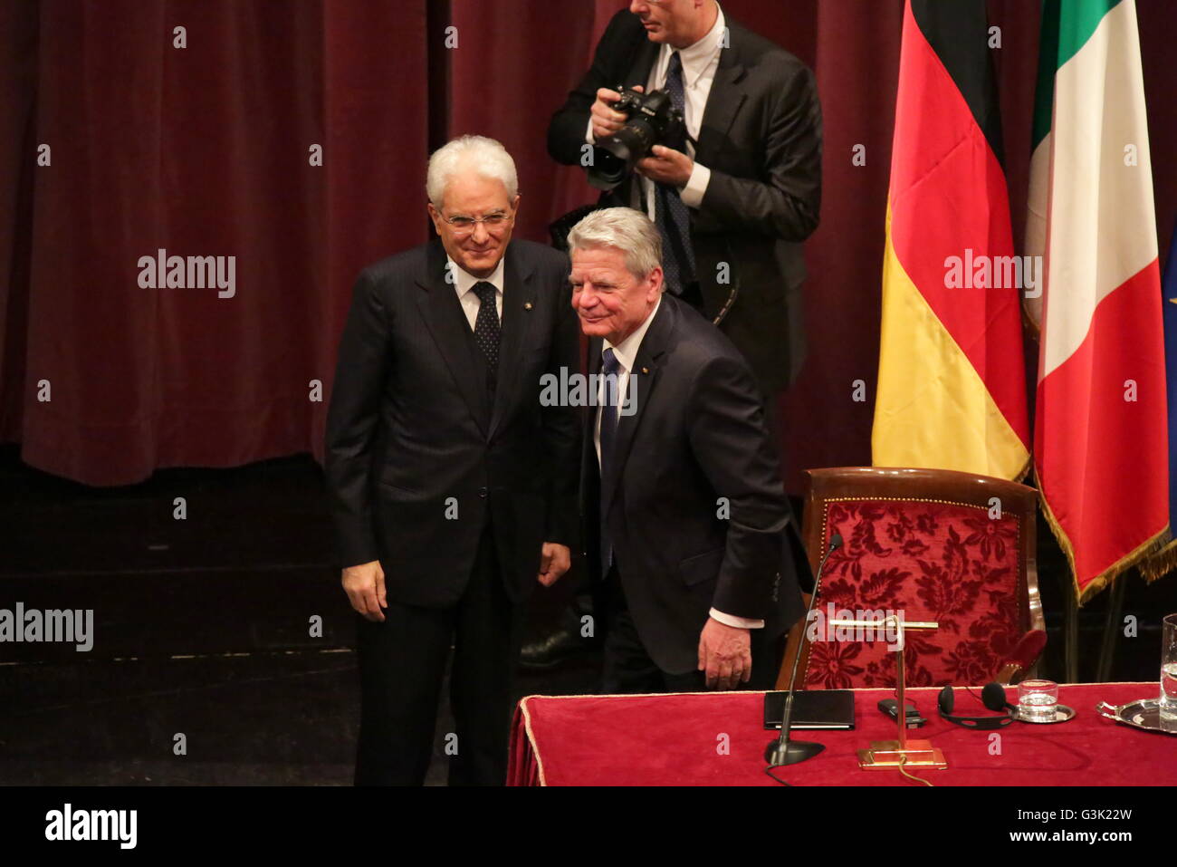 Sergio Mattarella, President of the Italian Republic, and Joachim Gauck, President of the Federal Republic of Germany meet at Turin's Teatro Regio for the second 'Italian-German High Level Dialogue'. The Dialogue aims at strengthening relations between Italy and Germany, which are based on shared historical and cultural traditions, complementary economic systems and a common belonging to the European Union. The initiative is also intended to favor a dialogue on topics of bilateral interest between particularly representative figures from both Countries, involving also private players, with th Stock Photo