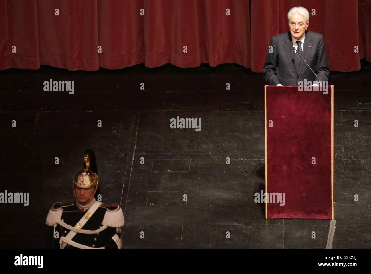 Sergio Mattarella, President of the Italian Republic, and Joachim Gauck, President of the Federal Republic of Germany meet at Turin's Teatro Regio for the second 'Italian-German High Level Dialogue'. The Dialogue aims at strengthening relations between Italy and Germany, which are based on shared historical and cultural traditions, complementary economic systems and a common belonging to the European Union. The initiative is also intended to favor a dialogue on topics of bilateral interest between particularly representative figures from both Countries, involving also private players, with th Stock Photo