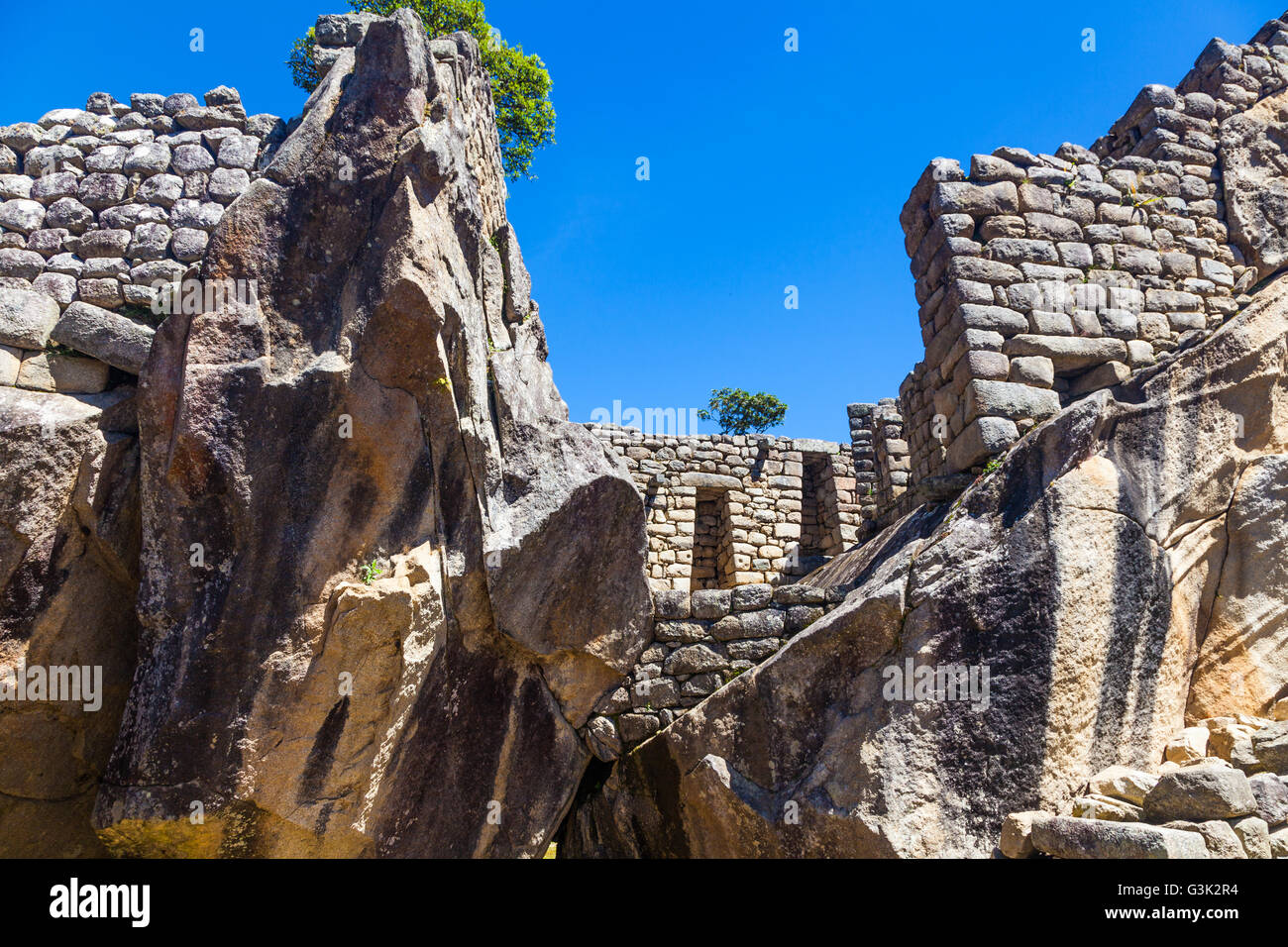 Stone features of the Temple of the Condor at Machu Picchu, Peru Stock