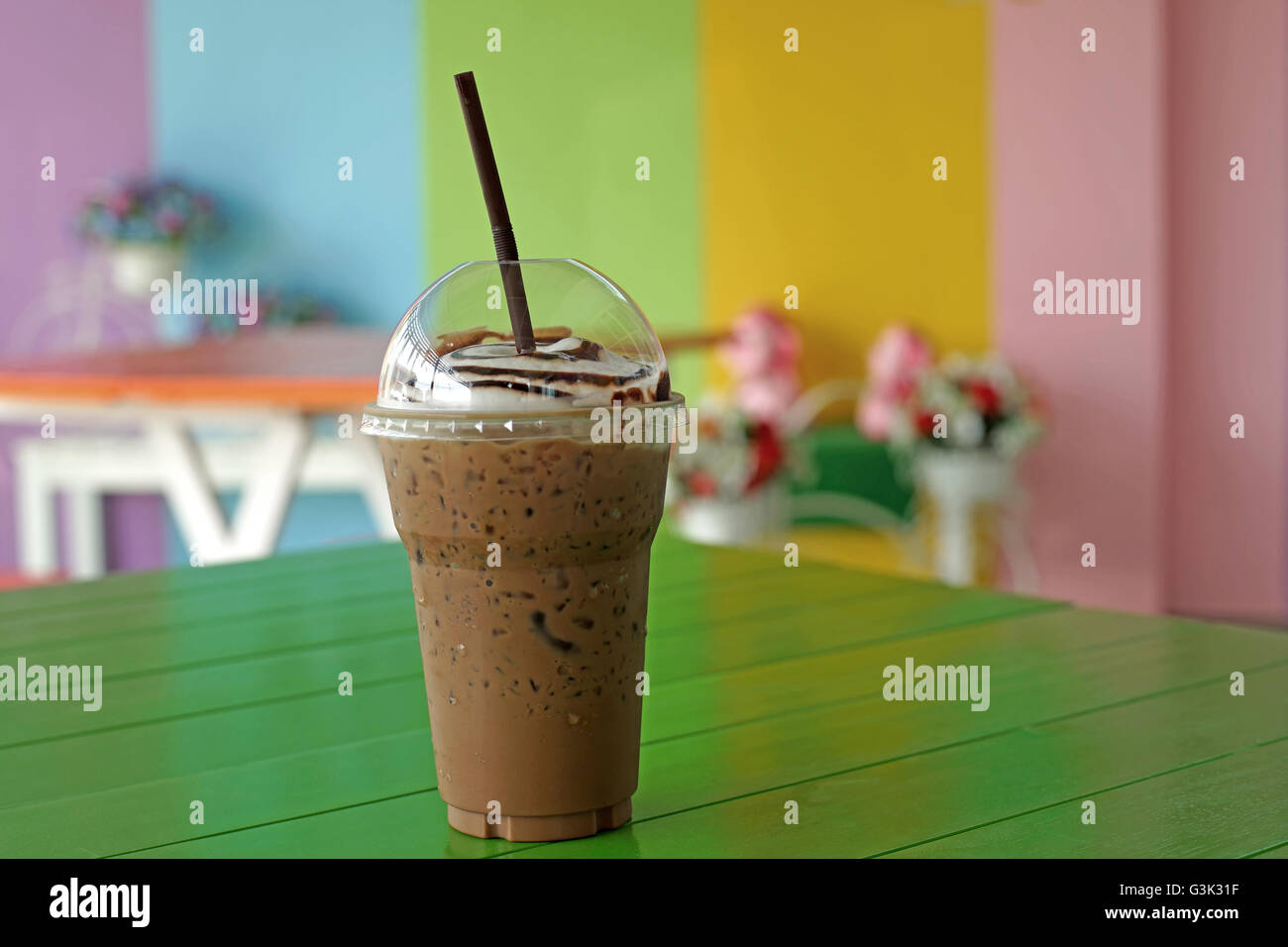 cold drink chocolate frappuccino in takeaway cup Stock Photo