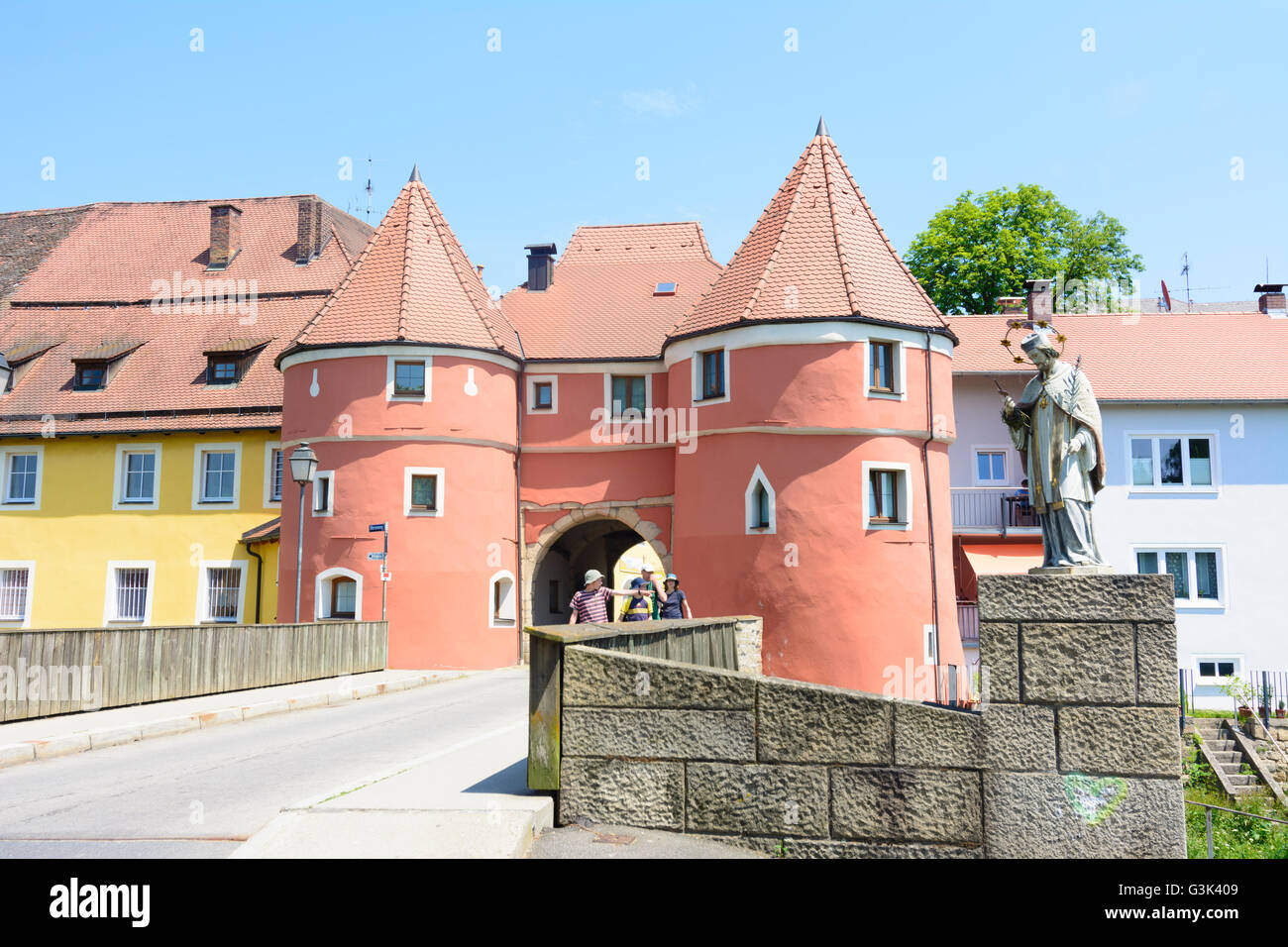 city gate Biertor at river Regen, Germany, Bayern, Bavaria, Oberpfalz, Upper Palatinate, Cham Stock Photo