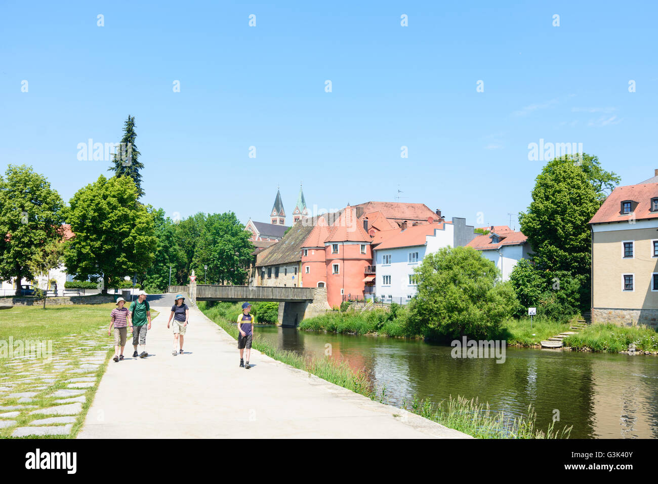 city gate Biertor at river Regen, Germany, Bayern, Bavaria, Oberpfalz, Upper Palatinate, Cham Stock Photo