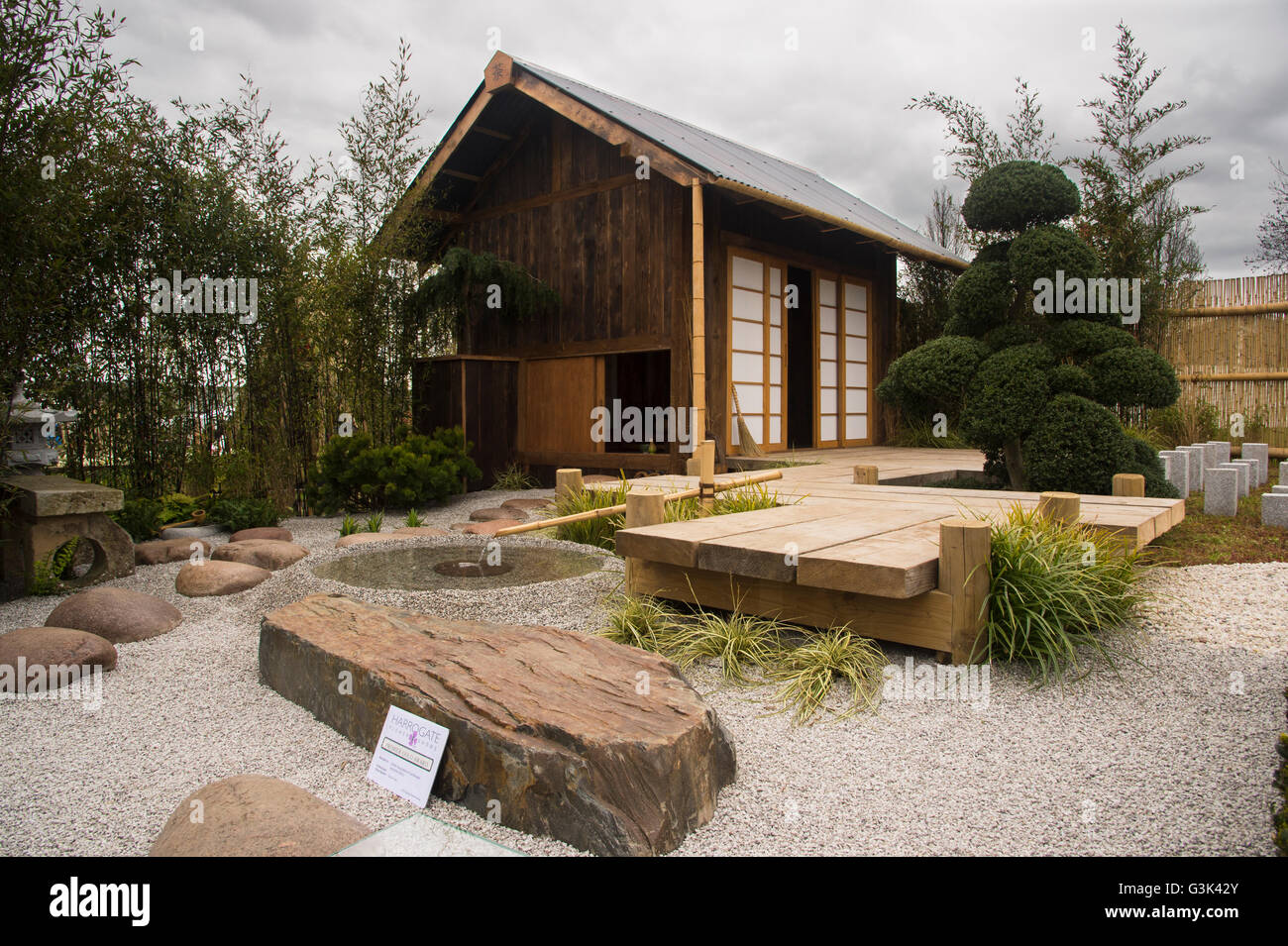 Harrogate Spring Flower Show 2016 (North Yorkshire, England) - traditional Japanese Tea House in the 'Tea For Two' garden. Stock Photo