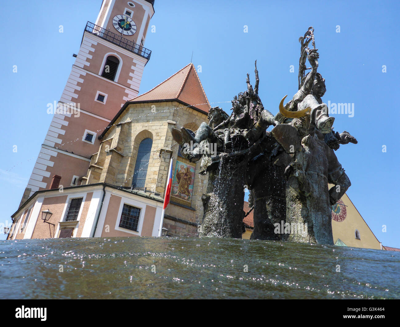 market fountain, Church of St. Jakob, Germany, Bayern, Bavaria, Oberpfalz, Upper Palatinate, Cham Stock Photo