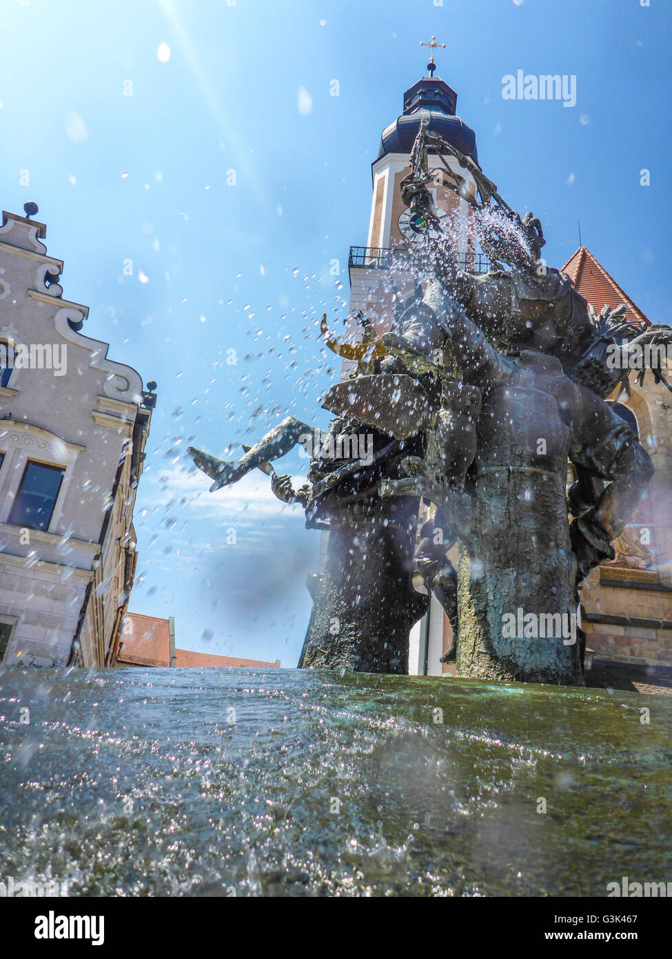 market fountain, Church of St. Jakob, Germany, Bayern, Bavaria, Oberpfalz, Upper Palatinate, Cham Stock Photo
