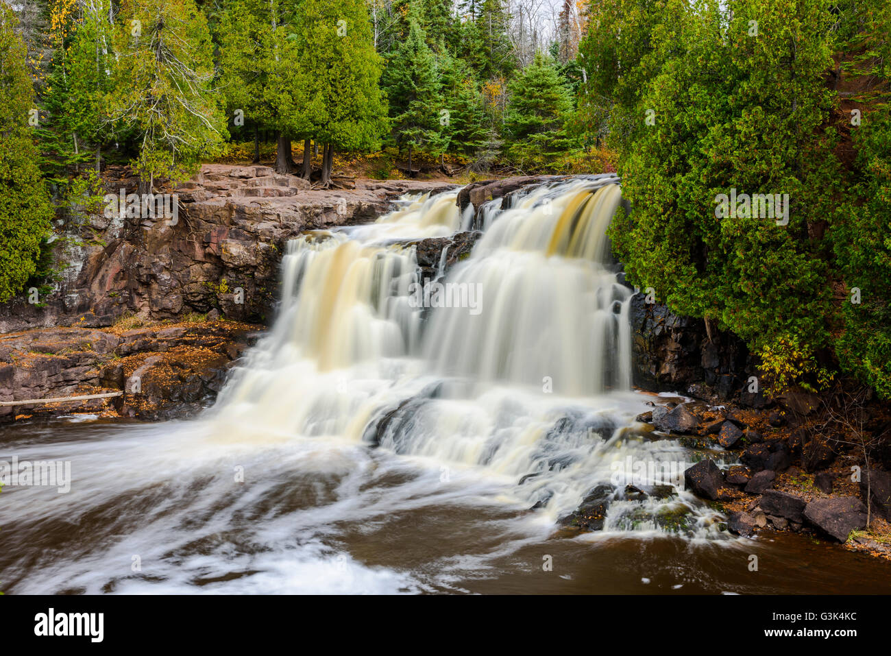 The upper falls of Gooseberry Falls State Park on the north shore of Minnesota. Stock Photo