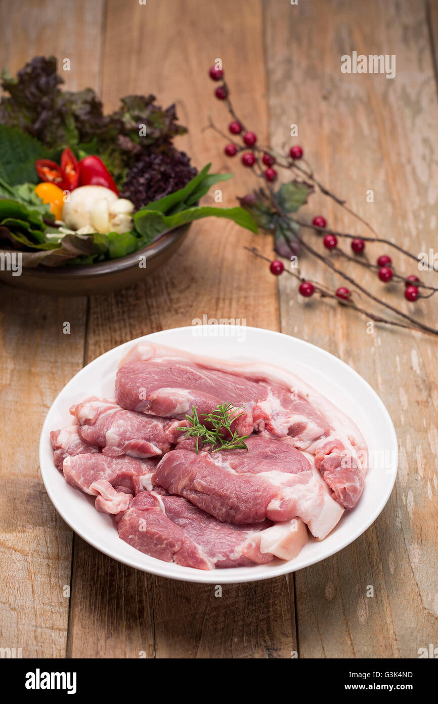 Fresh pork sliced, pork chops, pork ribs for Korean bbq / wooden