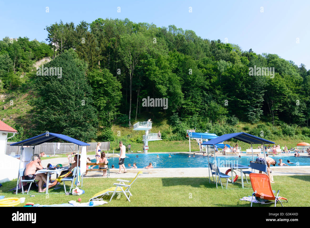 outdoor pool, Austria, Niederösterreich, Lower Austria, Wiener Alpen, Kirchschlag in der Buckligen Welt Stock Photo
