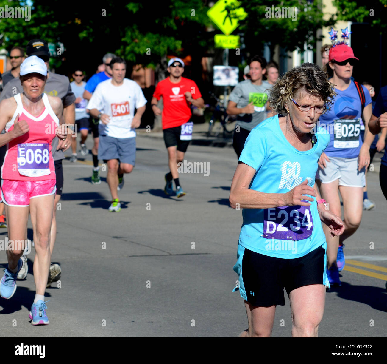 Runners and walkers of all ages and abilities participate in the 2016 Bolder Boulder 10K. More than 50,000 participate. Stock Photo