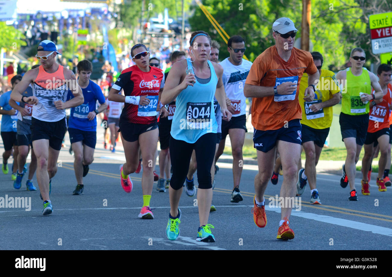 Runners and walkers participate in the 2016 Bolder Boulder 10K. More than 50,000 participate. Stock Photo