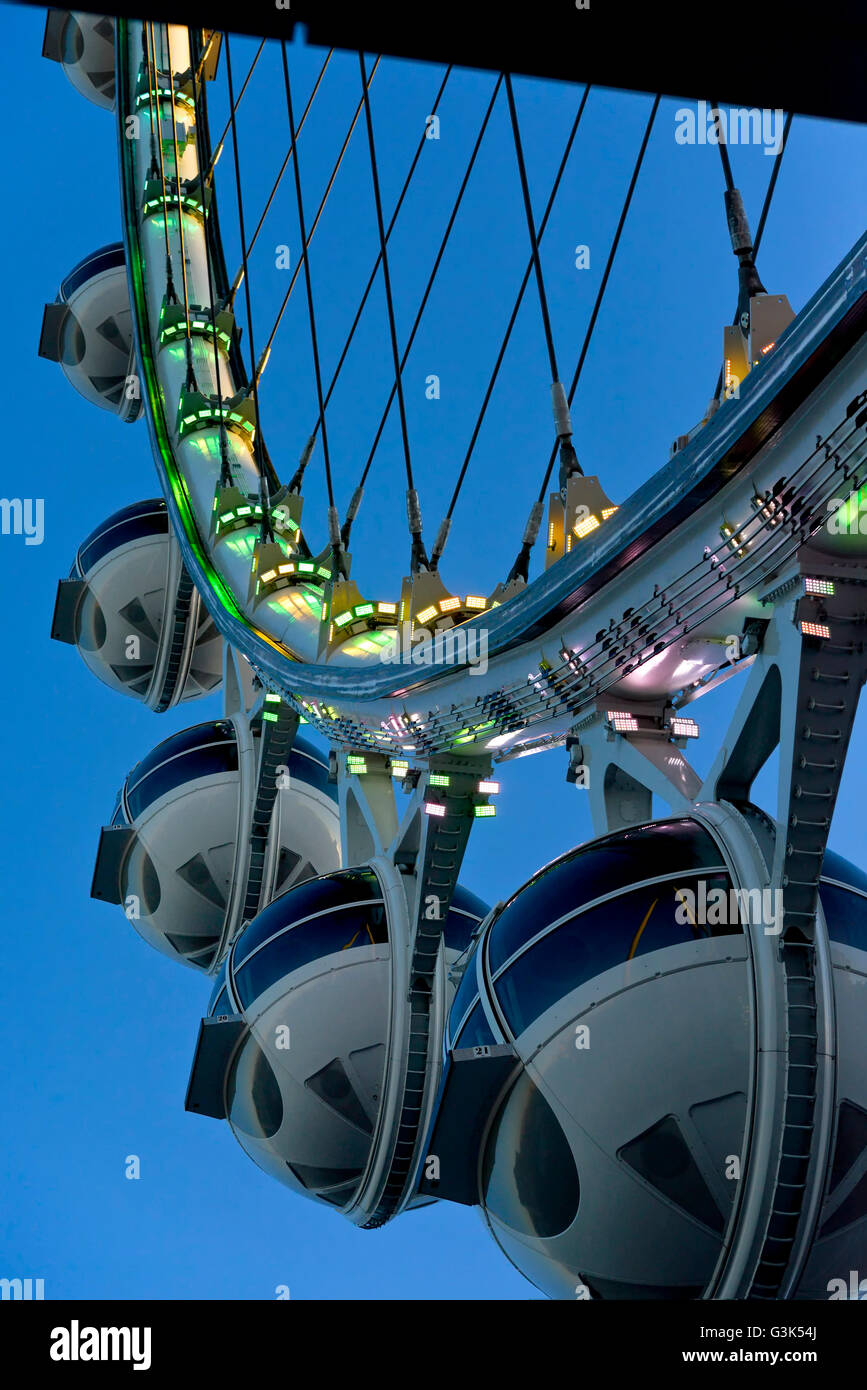 Observation cabins of the High Roller a 550-foot-tall Ferris wheel in Las Vegas, Nevada at twilight. Stock Photo