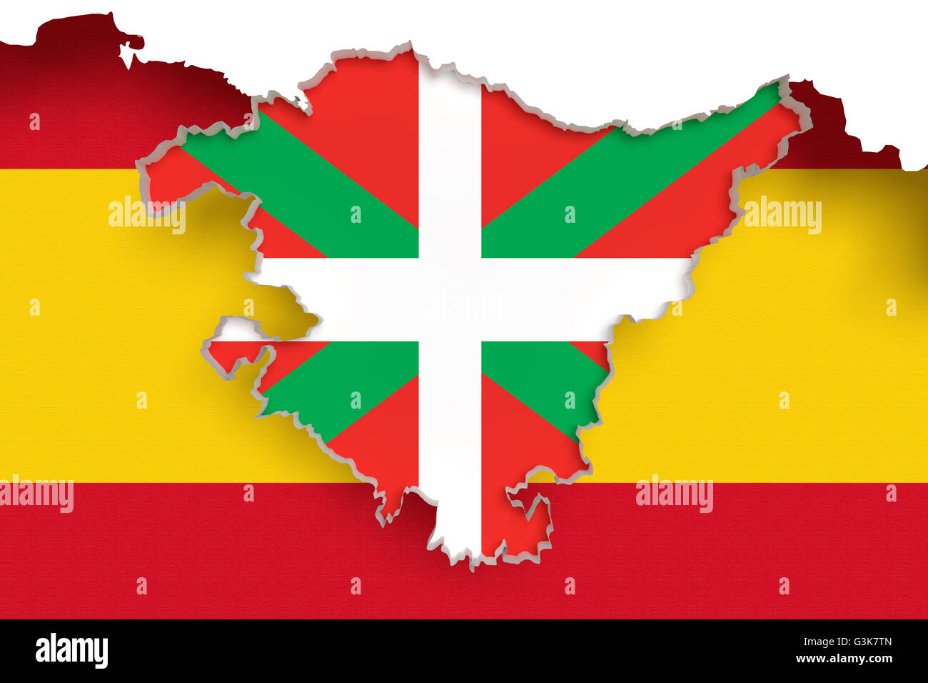 3d rendering of  map of Basque Country with flag of Spain on background. Stock Photo