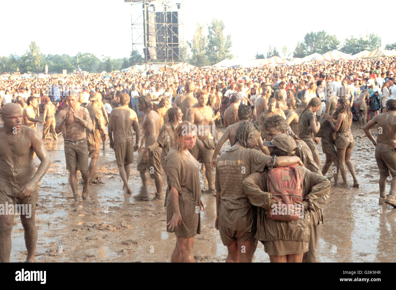 Woodstock 94 Music Festival, mud people, mud slide, concert, fun, free time, Saugerties, New York State, Ulster County Stock Photo